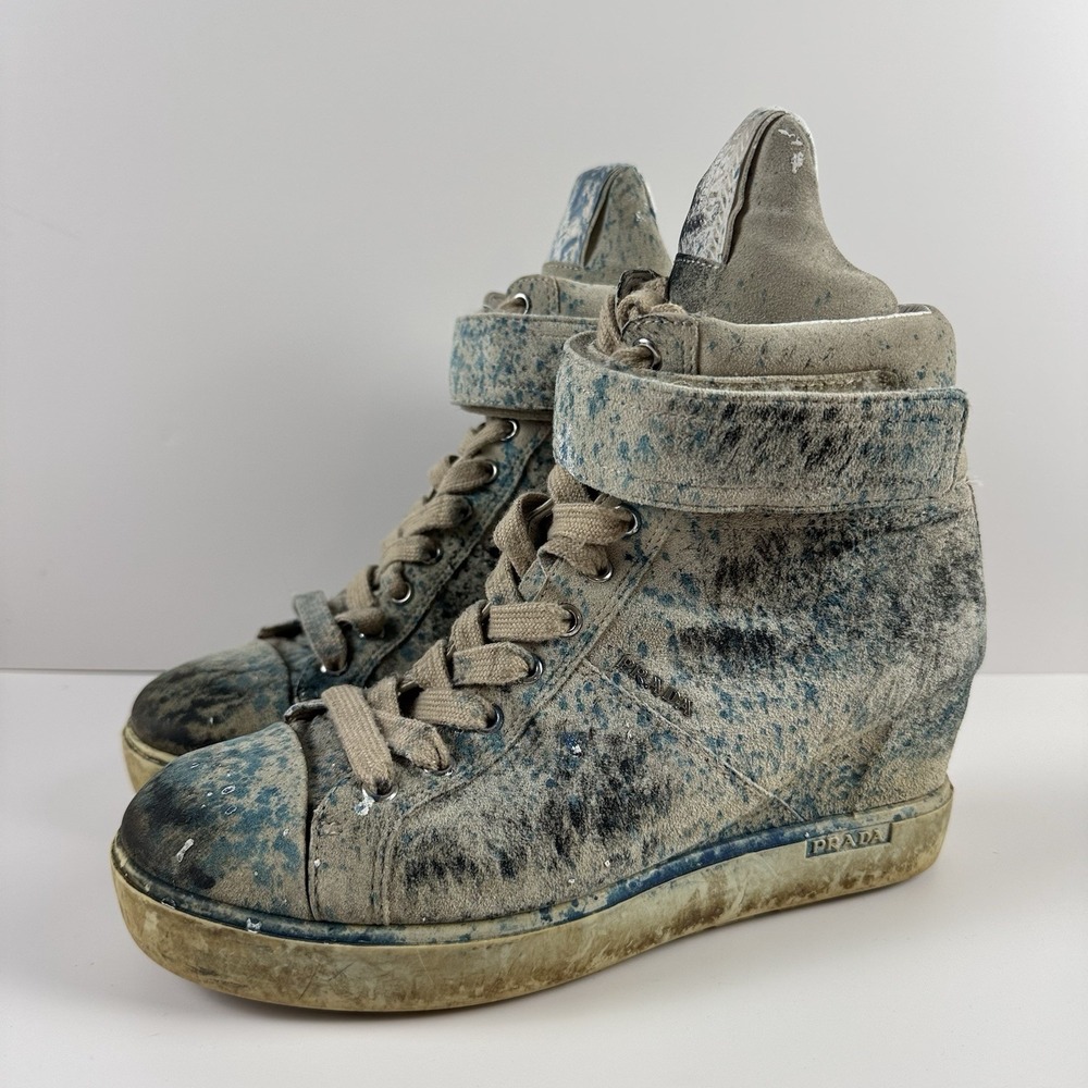 Prada Paint Splatter Artsy Wedge Sneakers Shoes Leather‎ High Top EU 37.5 US 7